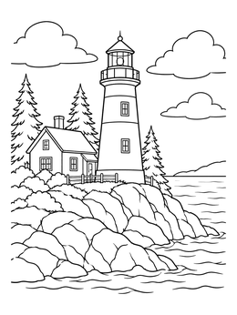 Free printable Maine Coastal Lighthouse On Rocky Shore coloring page