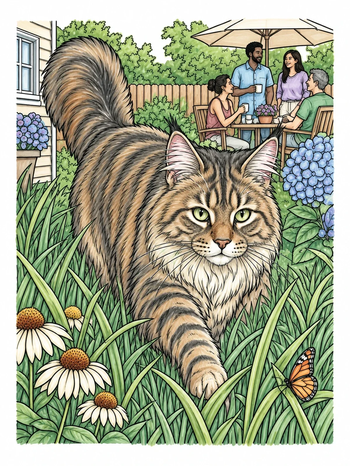 Colored example of the Maine Coon Cat In Backyard Garden coloring page