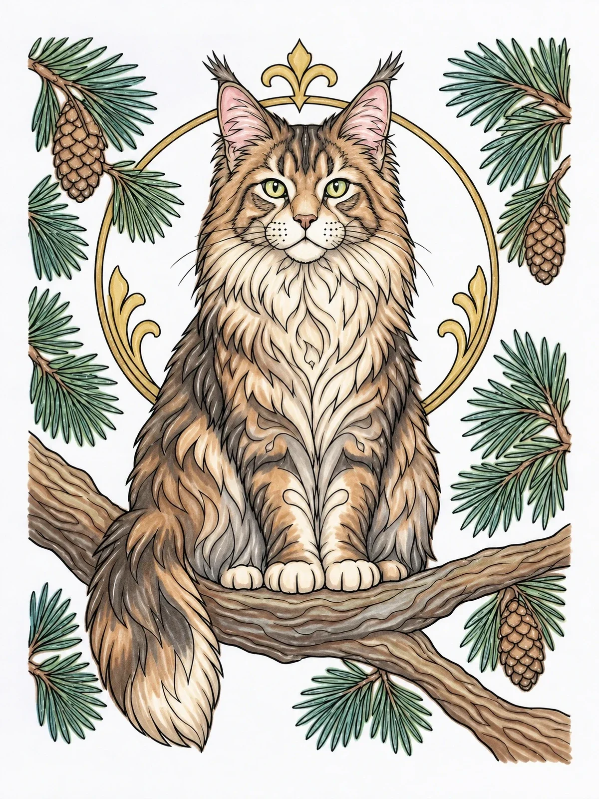Colored example of the Maine Coon Cat On Pine Branch coloring page