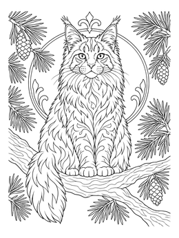 Free printable Maine Coon Cat On Pine Branch coloring page