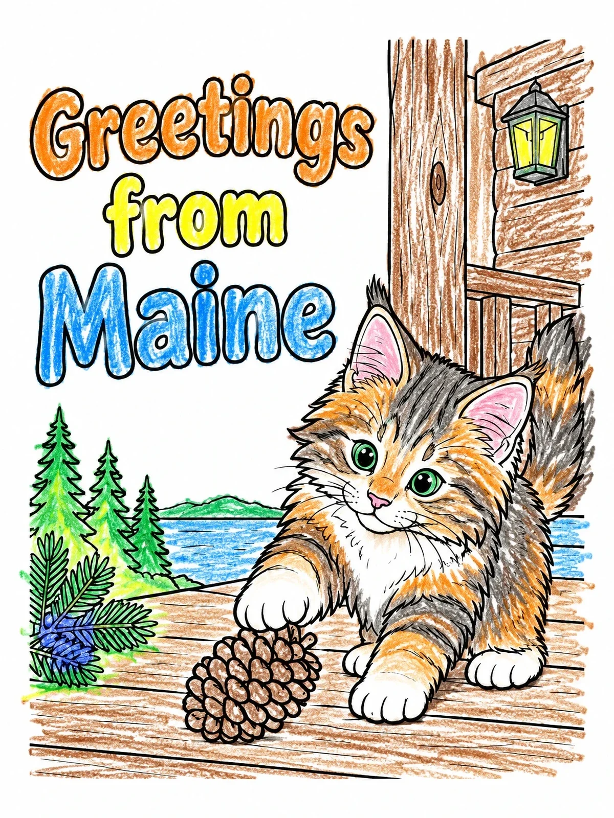 Colored example of the Maine Coon Kitten With Pinecone coloring page