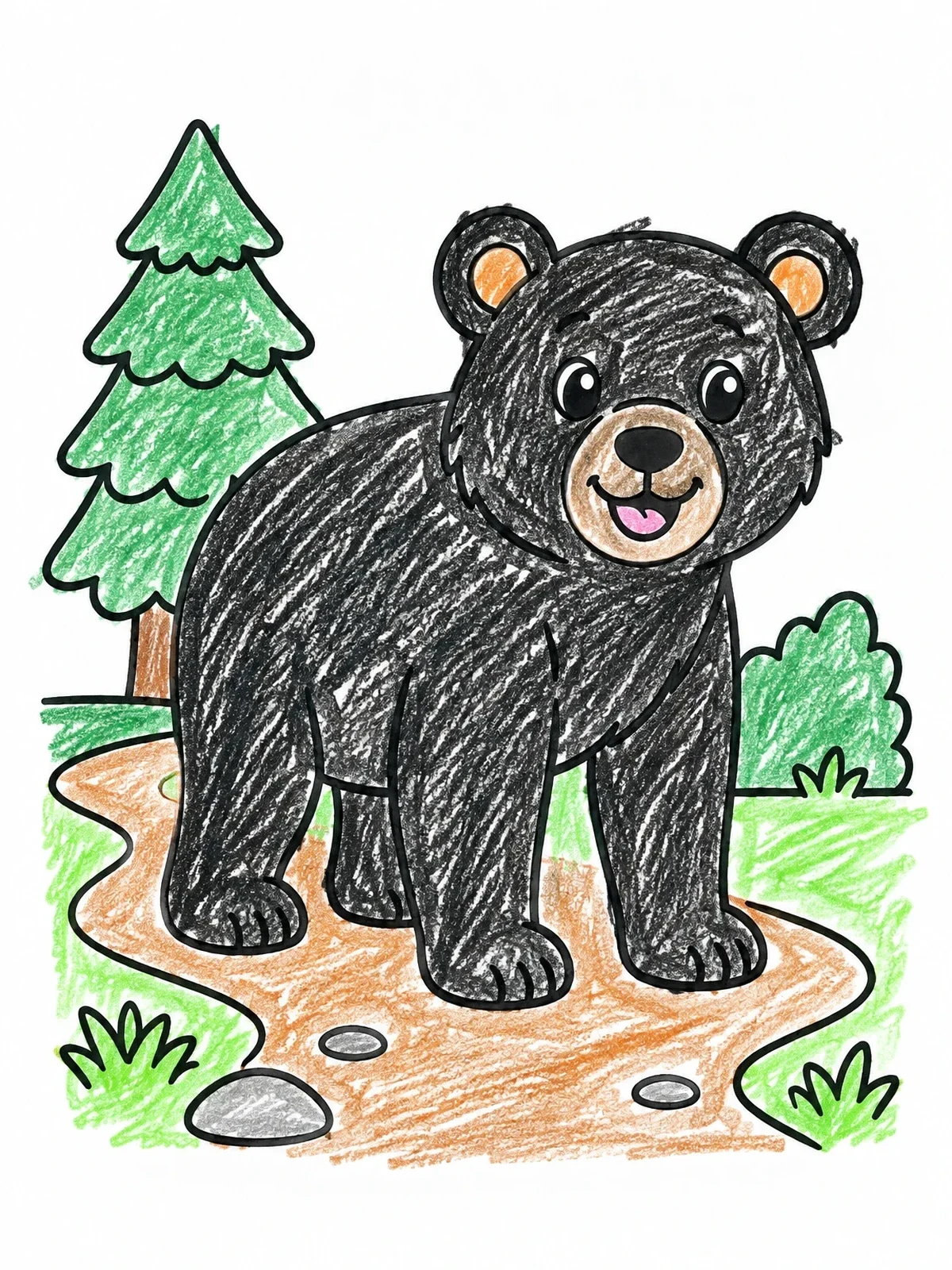 Colored example of the Cute Black Bear On A Forest Path coloring page