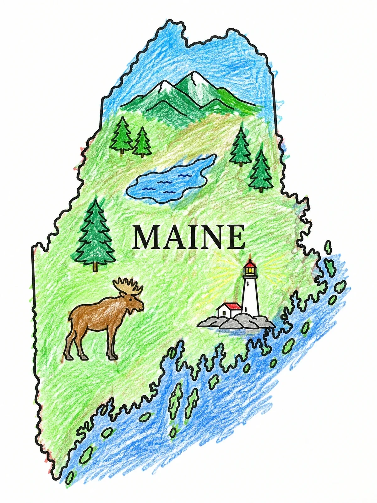 Colored example of the Maine State Map With Symbols coloring page