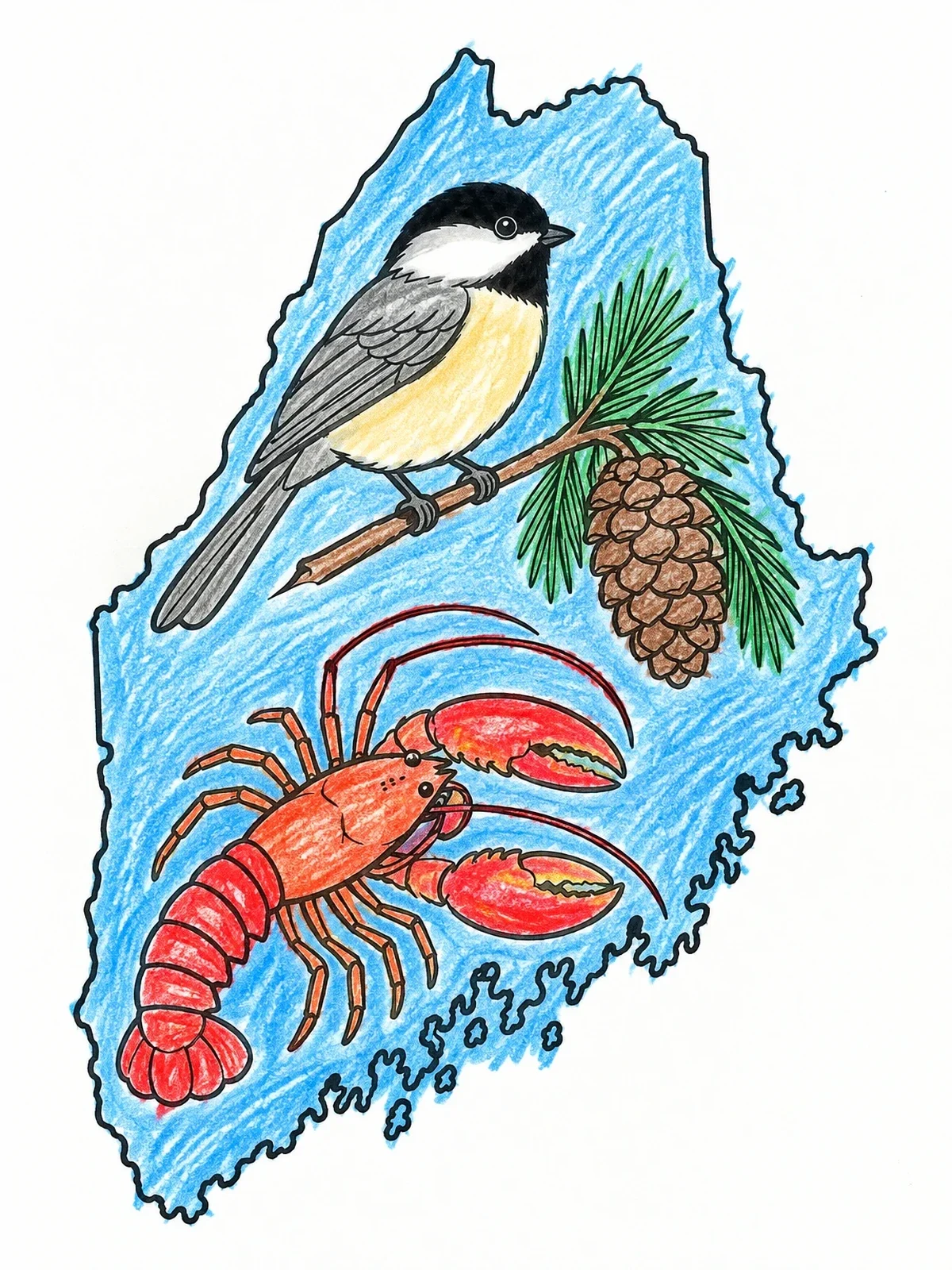 Colored example of the Maine State Symbols And Map coloring page