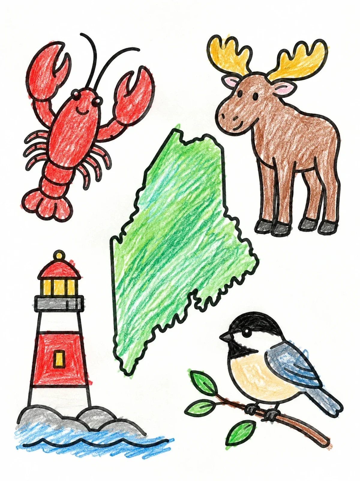 Colored example of the Maine State Symbols For Kids coloring page