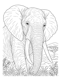 Detailed elephant coloring page featuring a close-up portrait of an African bull elephant in the savanna.