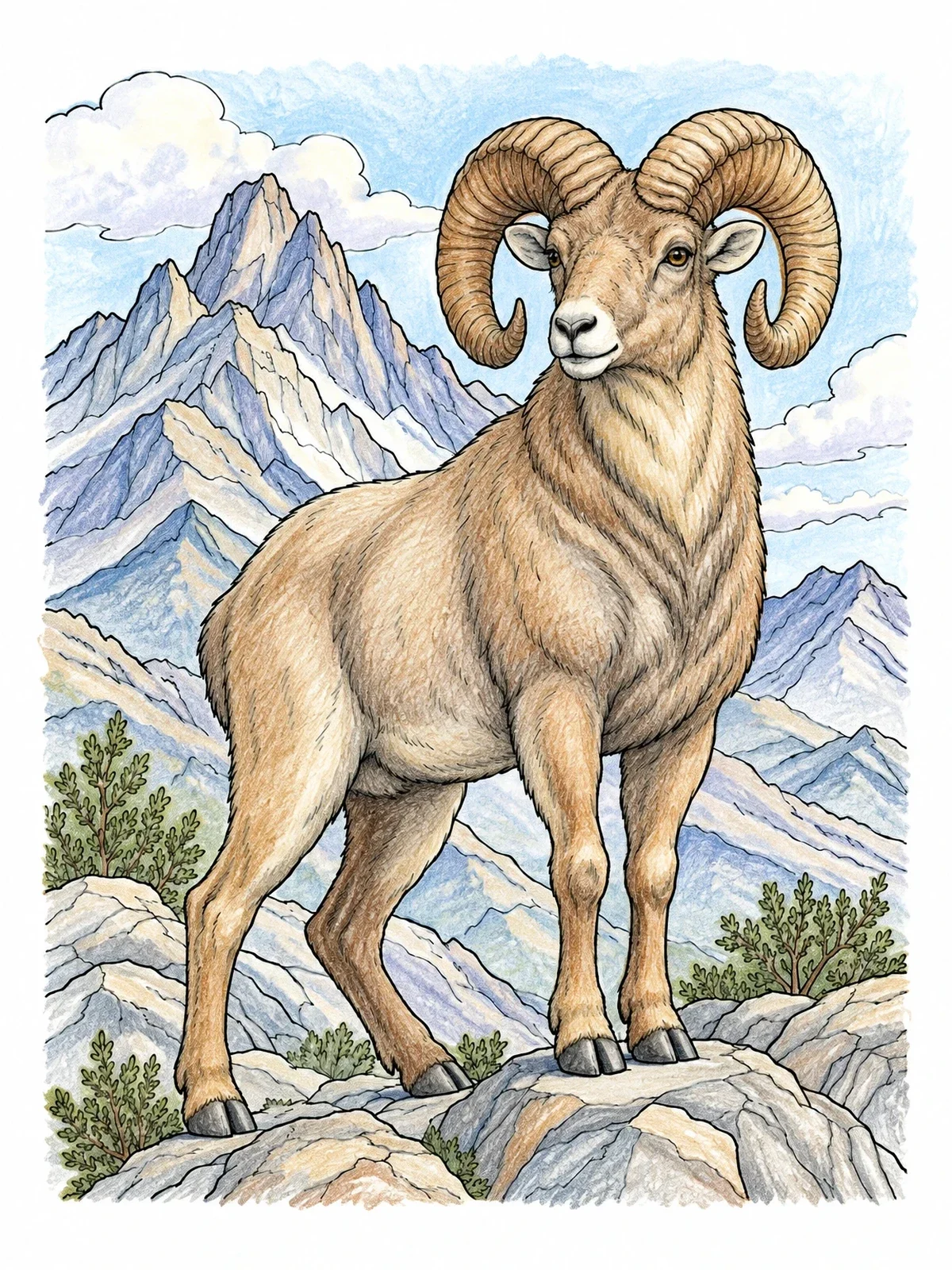 Colored example of the Majestic Aries Ram In The Mountains coloring page