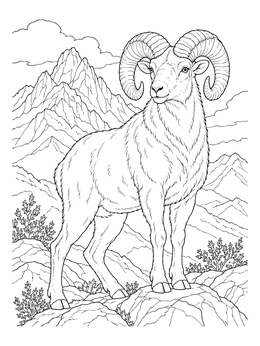 A detailed aries coloring page featuring a proud mountain ram on a rocky peak with alpine ridges.