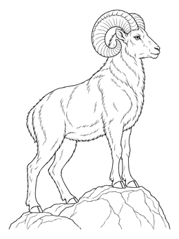 A detailed aries coloring page featuring a bighorn ram standing proudly on a rocky cliff.