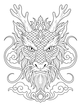 Detailed dragon face with horns and scales on an asian coloring page.