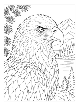 A detailed bald eagle coloring page featuring a proud bird against a mountain landscape.