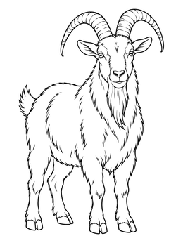 A detailed goat coloring page featuring a proud billy goat with long curved horns and shaggy fur.