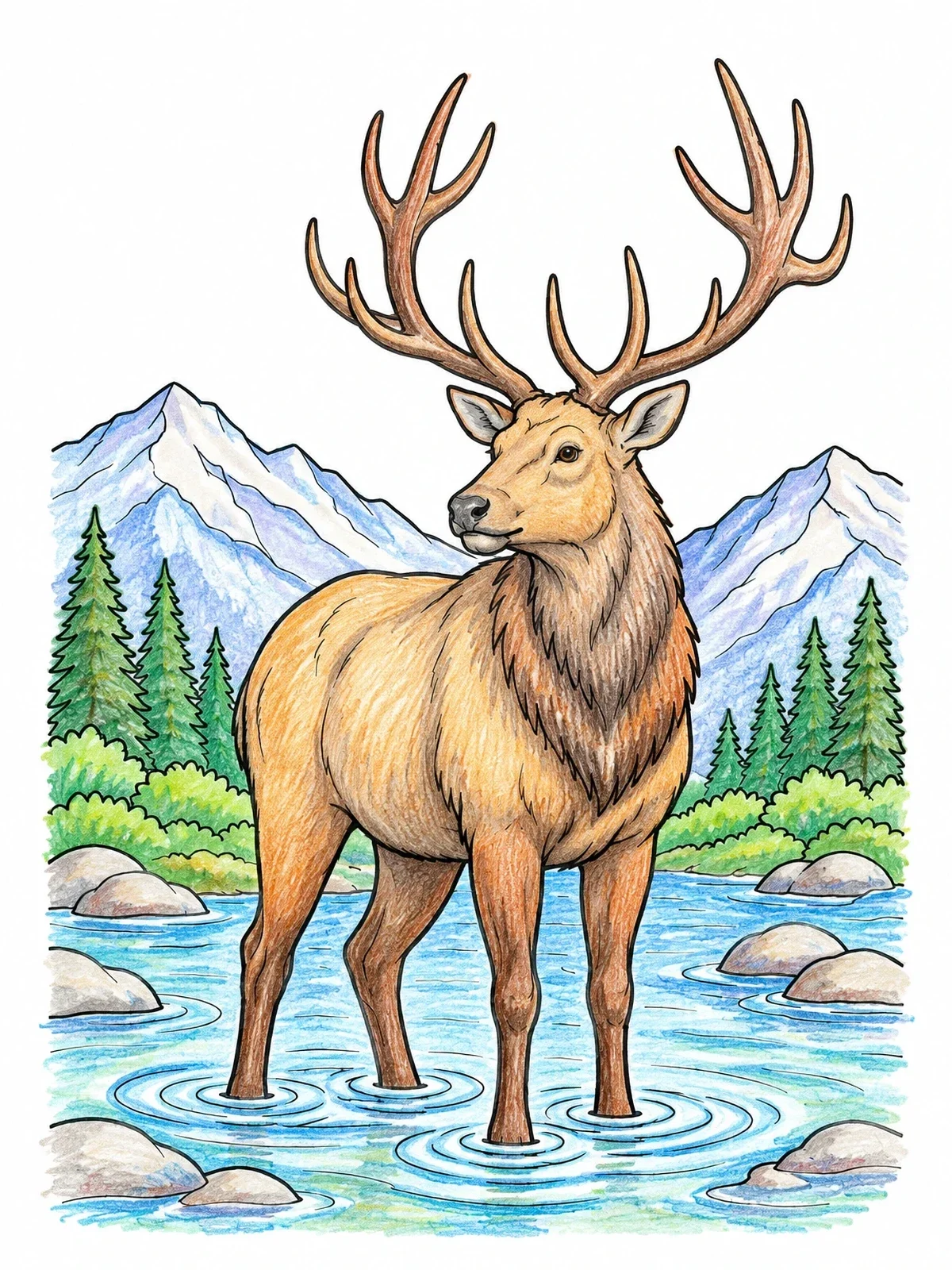 Colored example of the Majestic Bull Elk In Mountain River coloring page