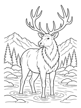Free printable Majestic Bull Elk In Mountain River coloring page