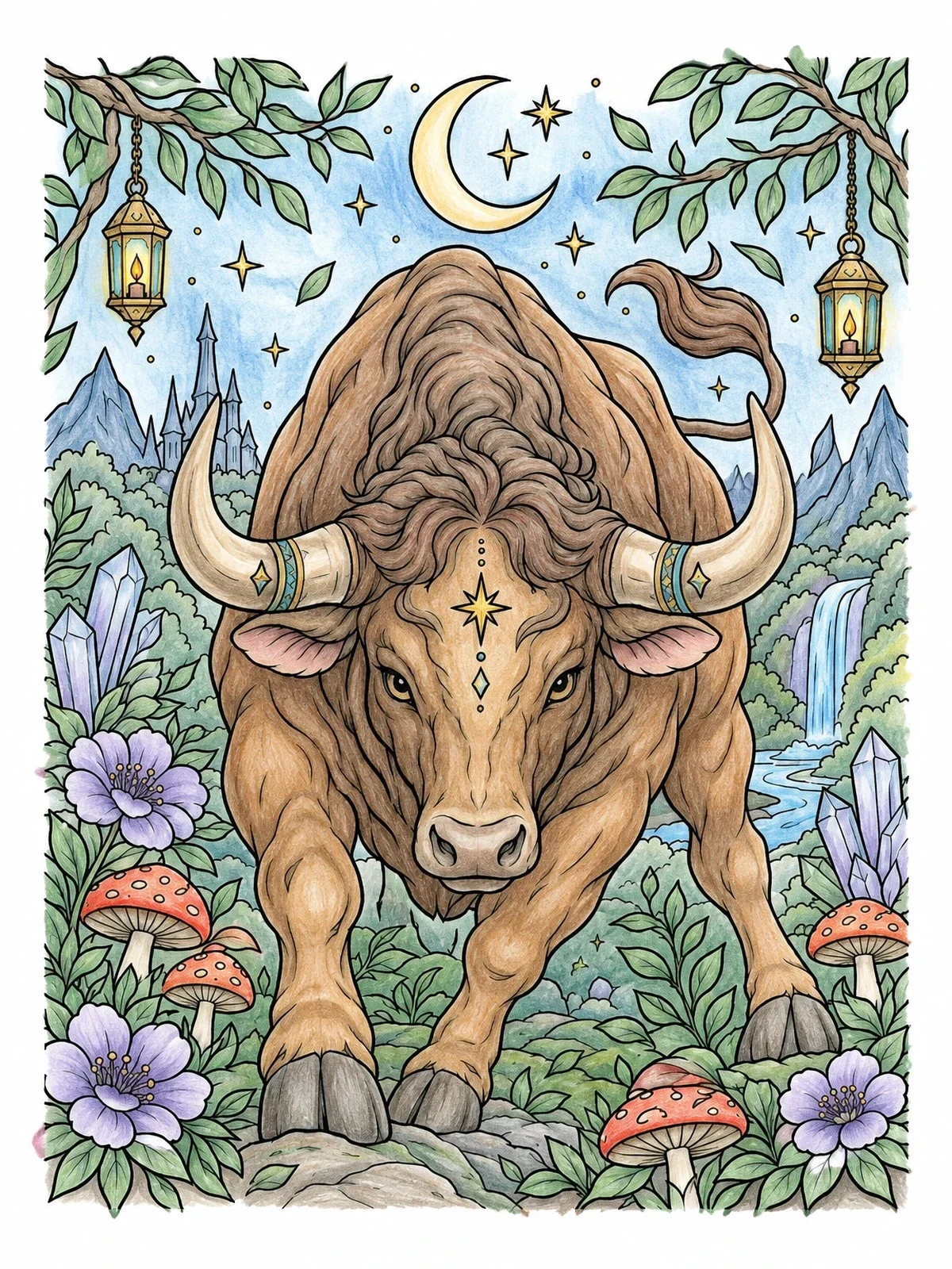 Colored example of the Majestic Bull In Fantasy Landscape coloring page