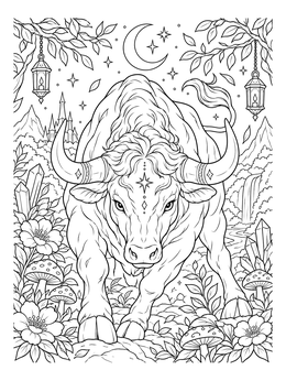 Mystical charging bull coloring page set beneath a crescent moon in an enchanted forest.