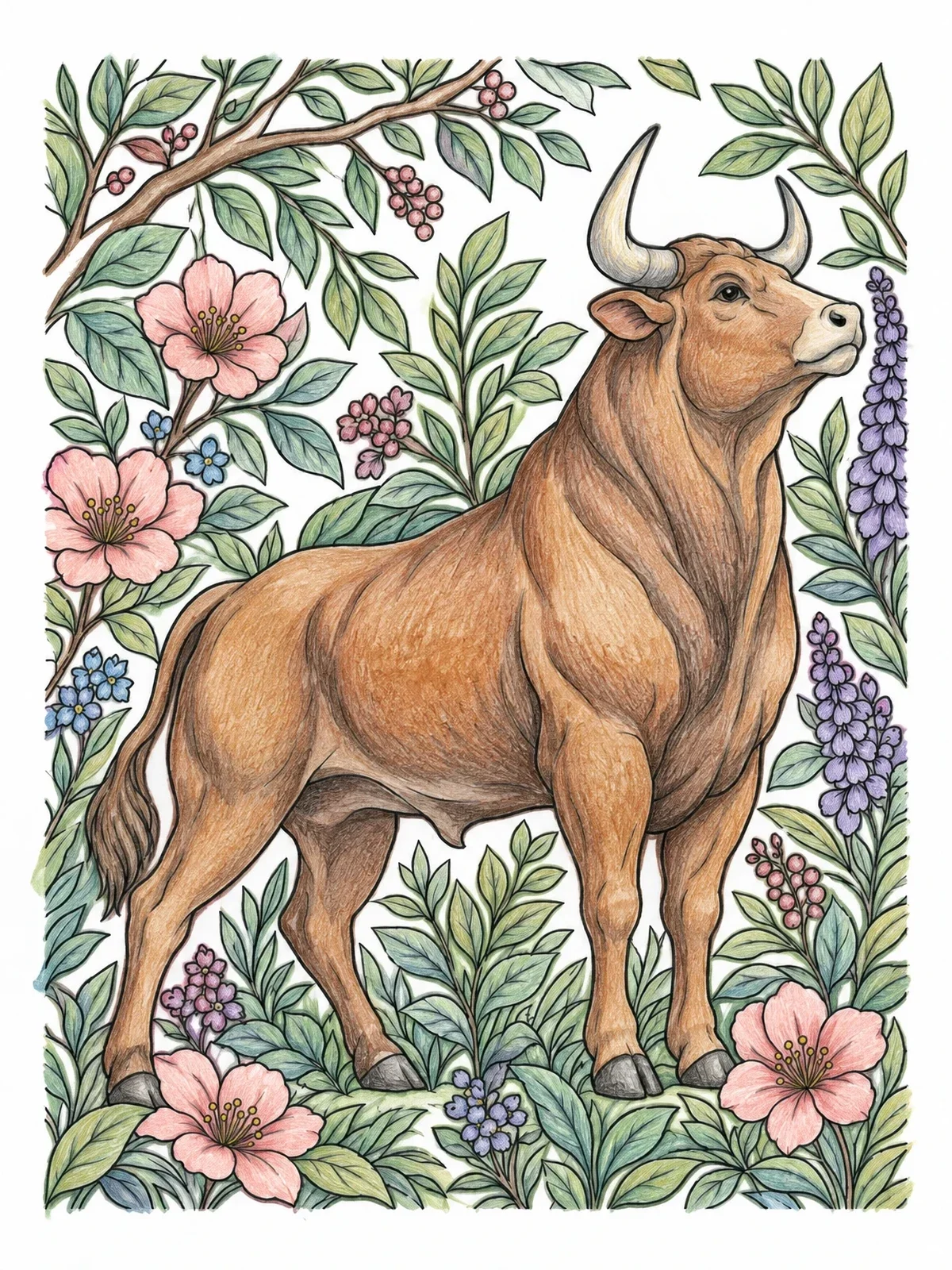 Colored example of the Majestic Bull In Floral Garden coloring page