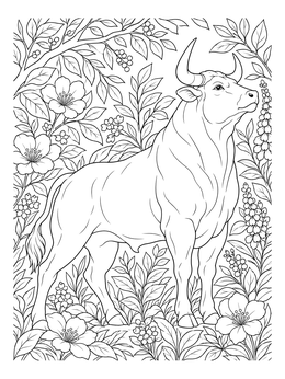 A detailed bull coloring page featuring a proud horned bull surrounded by lush foliage and blossoms.