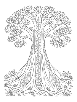 Detailed buttress tree in this rainforest coloring page with intricate roots and canopy.