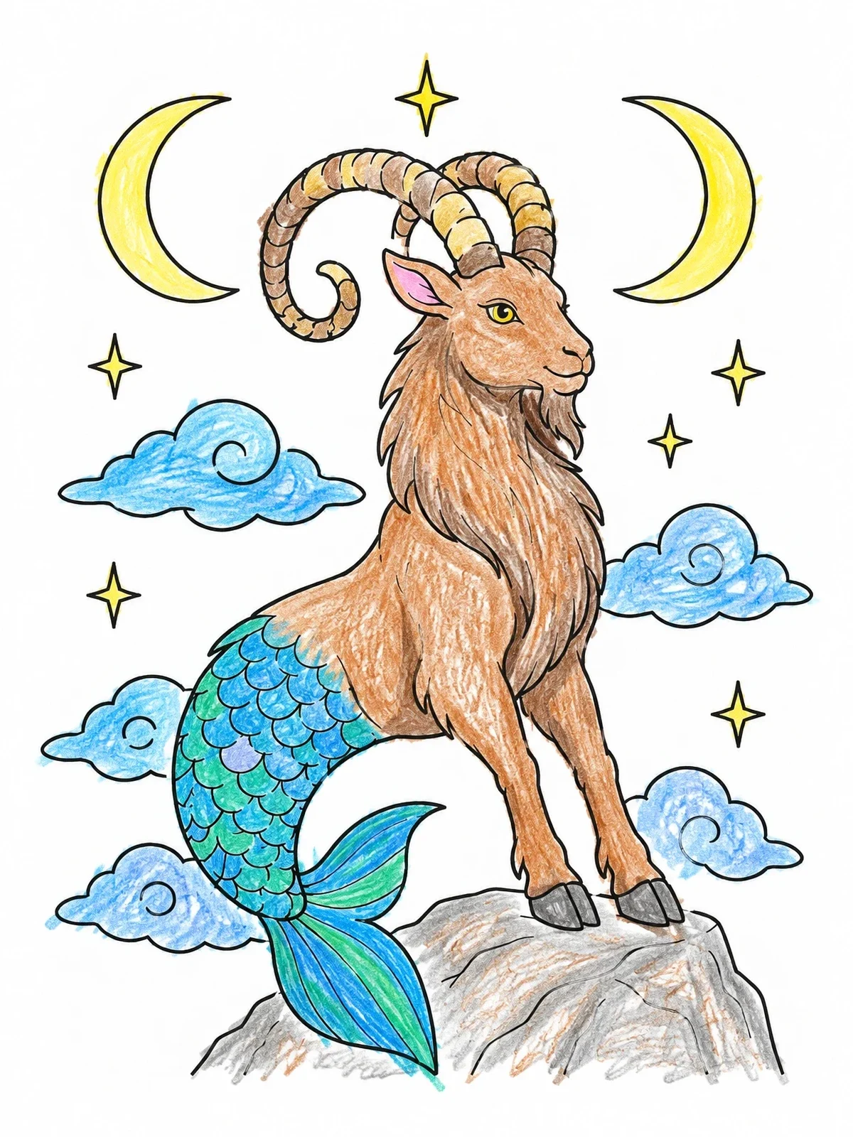 Colored example of the Majestic Capricorn Sea Goat coloring page