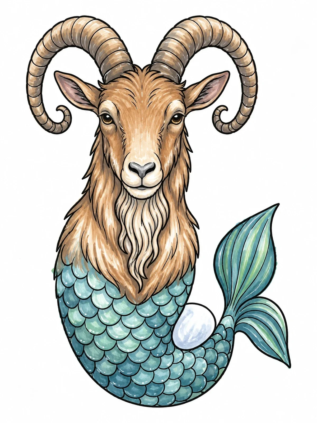 Colored example of the Majestic Capricorn Sea Goat Portrait coloring page