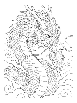 A detailed chinese dragon coloring page featuring a serpent-like creature with long whiskers surrounded by clouds.