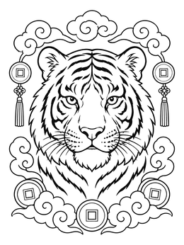 A detailed chinese new year tiger coloring page featuring traditional clouds and coins.