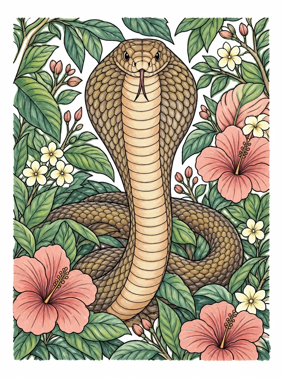 Colored example of the Majestic Cobra In Tropical Flowers coloring page