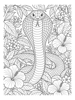 An intricate cobra coloring page surrounded by blooming hibiscus flowers and leaves.