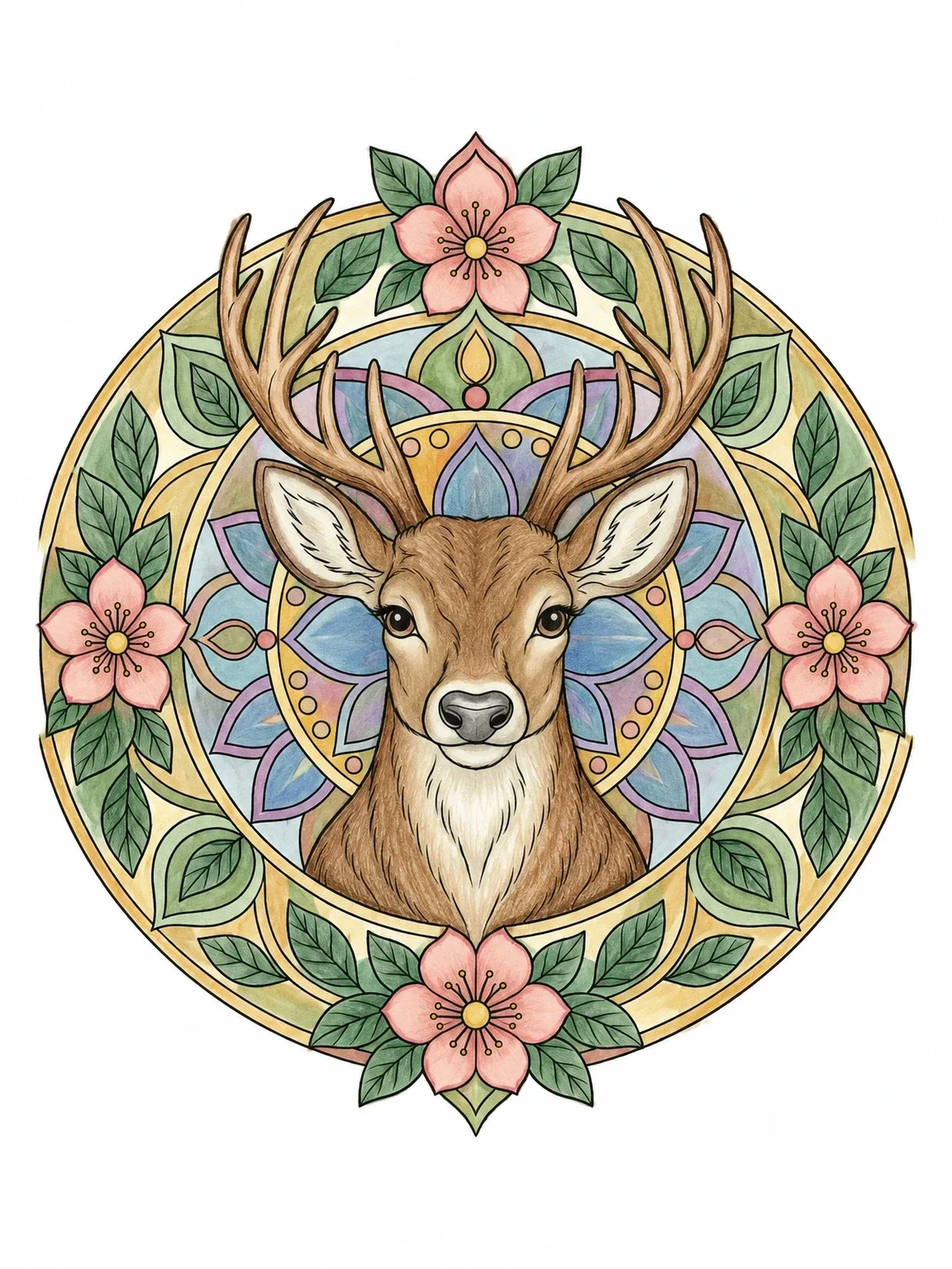 Colored example of the Majestic Deer In Floral Mandala coloring page