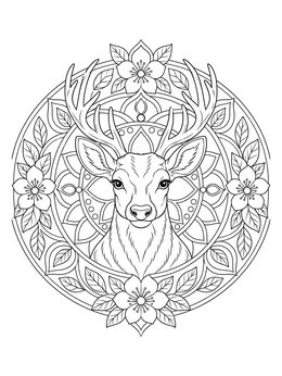 An intricate deer coloring page framed by a circular floral mandala.