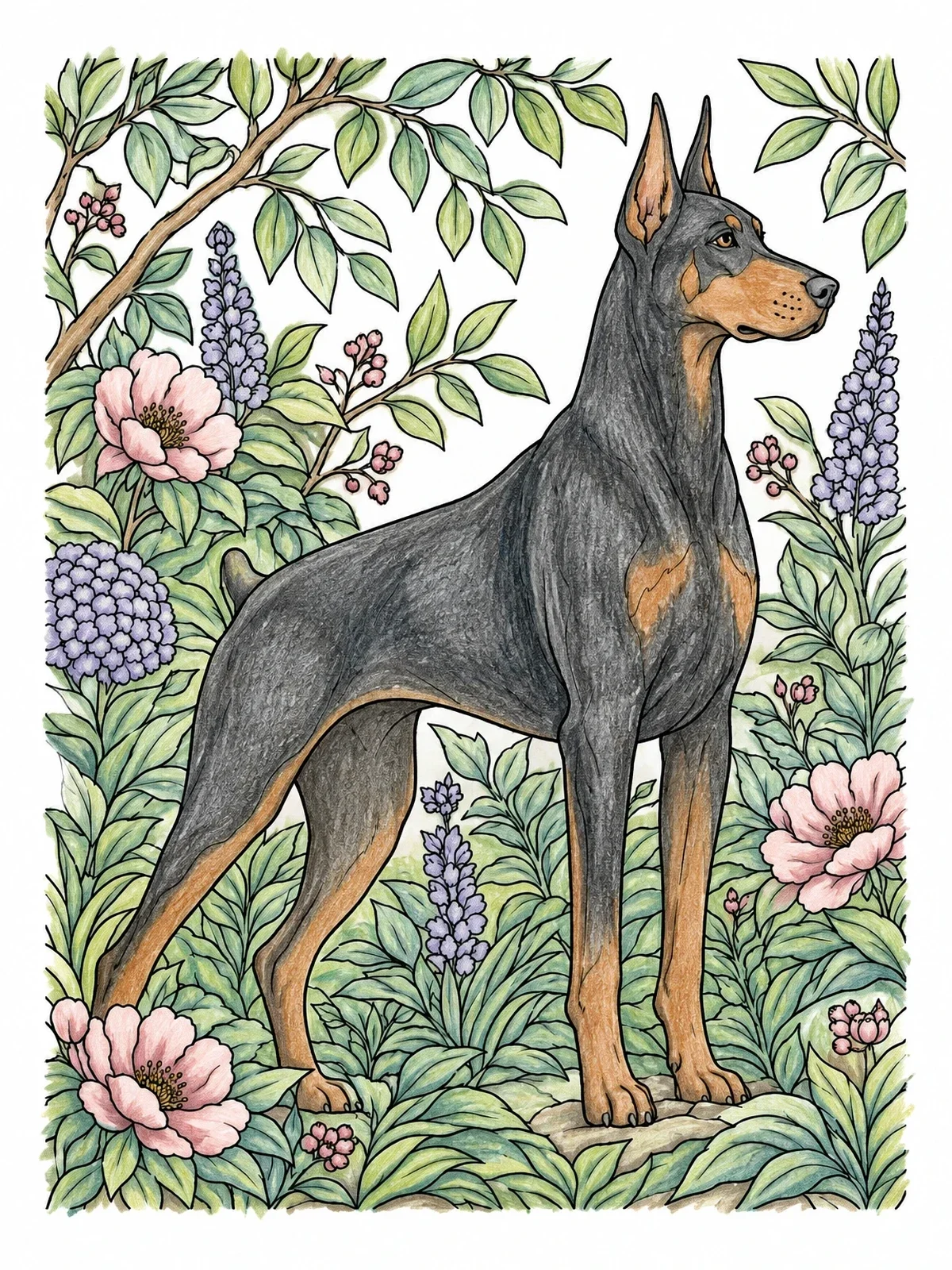 Colored example of the Majestic Doberman In Blooming Garden coloring page