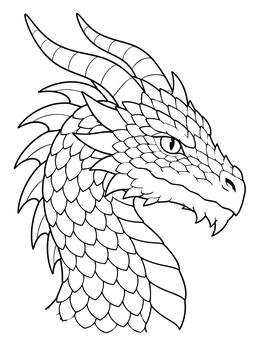 Detailed dragon coloring page featuring a horned dragon head with intricate overlapping scales.