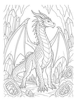 A proud winged dragon standing among tall crystals on this dragon coloring page.