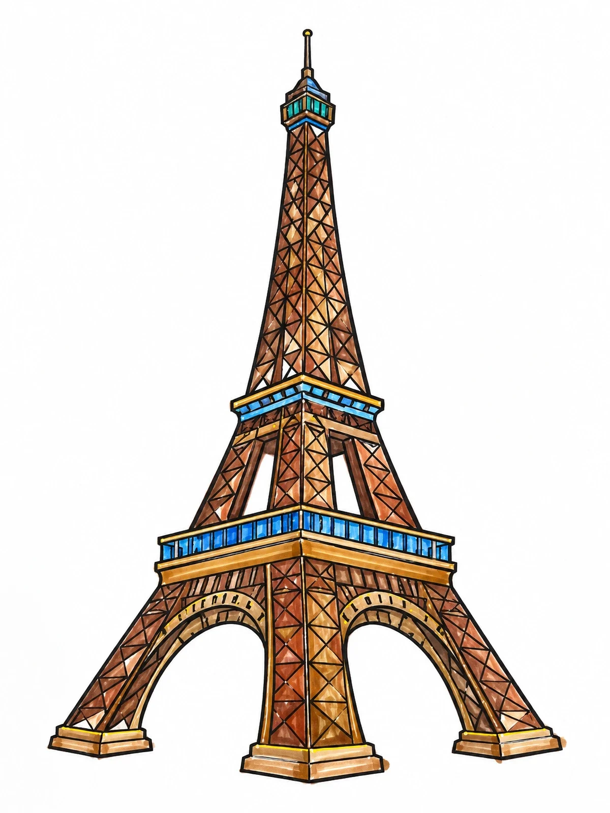 Colored example of the Majestic Eiffel Tower Line Art coloring page