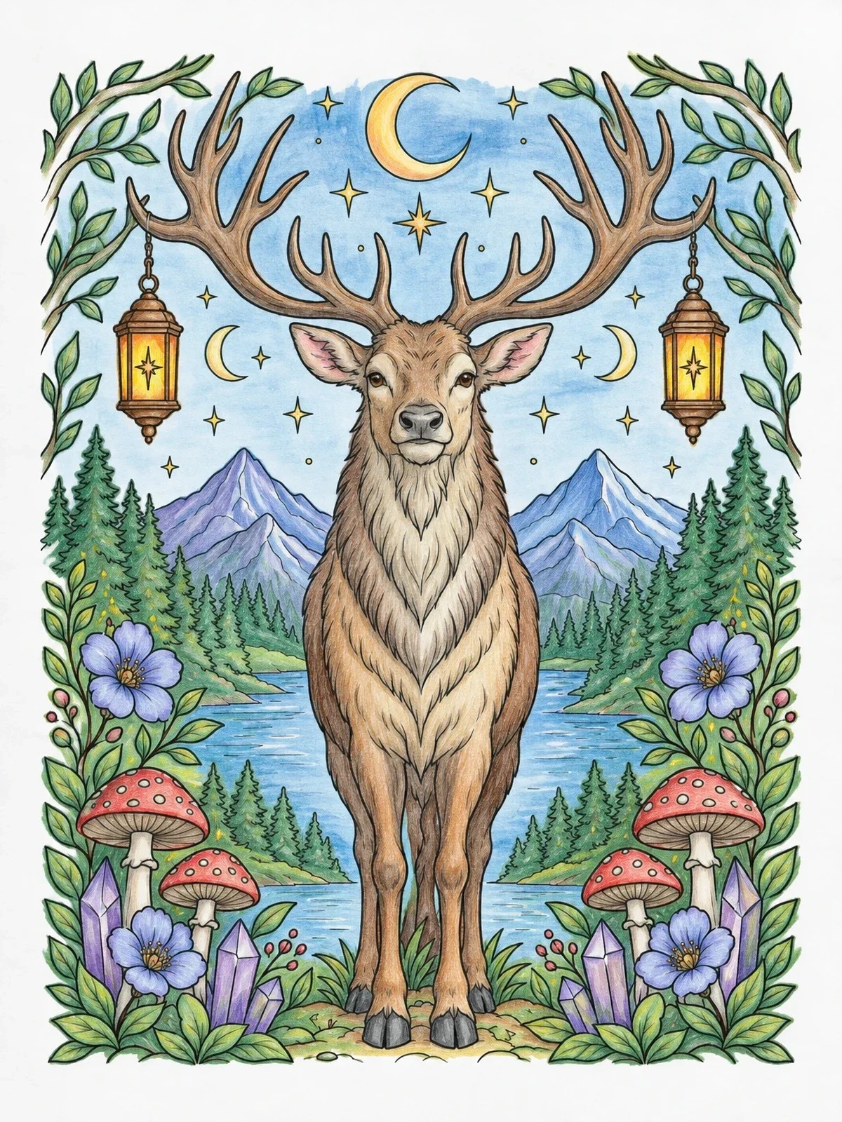 Colored example of the Majestic Elk Under The Crescent Moon coloring page