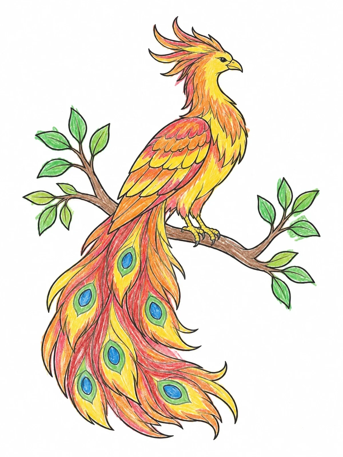 Colored example of the Majestic Firebird Perched On A Branch coloring page