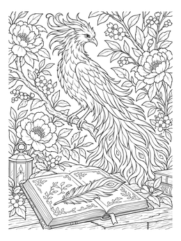 A detailed firebird coloring page featuring a mythical bird perched above an antique storybook and feather.