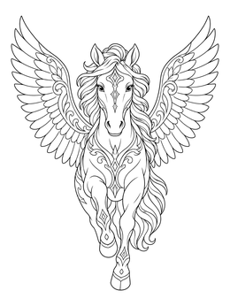 An ornate pegasus coloring page showing the winged horse soaring forward with open wings.