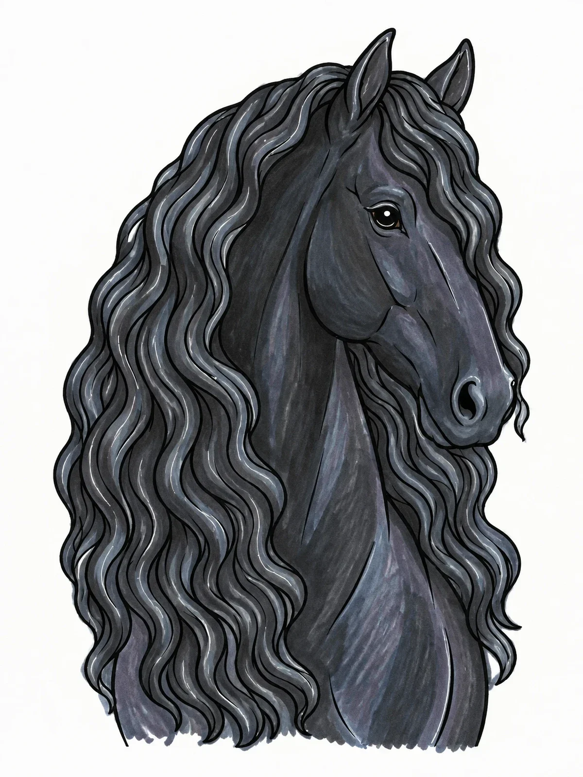 Colored example of the Majestic Friesian Horse Portrait coloring page