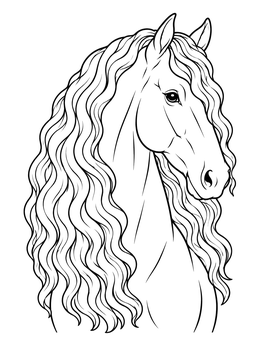 Detailed Friesian horse coloring page showing a noble stallion with long wavy mane.