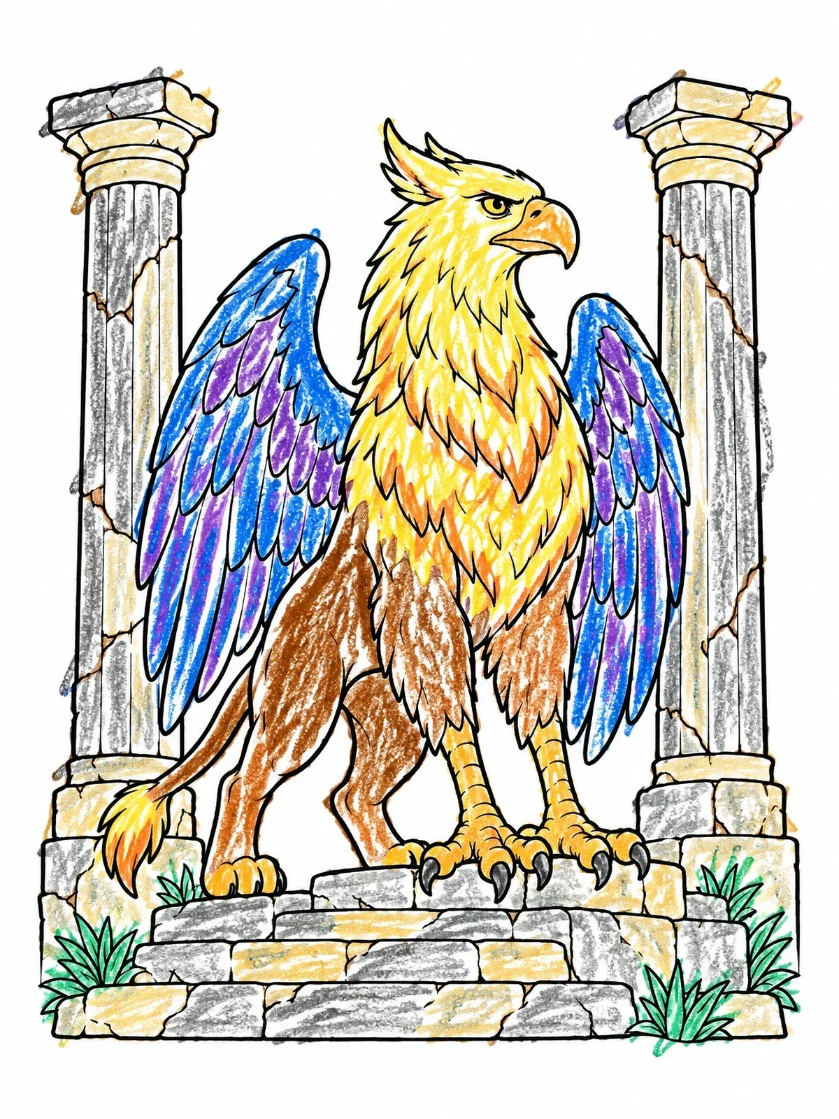 Colored example of the Majestic Griffin On Ancient Temple Ruins coloring page