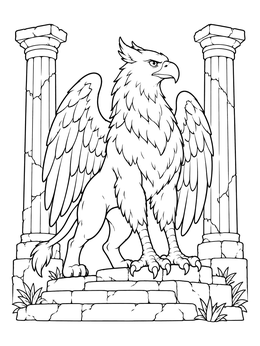 A proud griffin stands between ancient stone columns in this griffin coloring page.