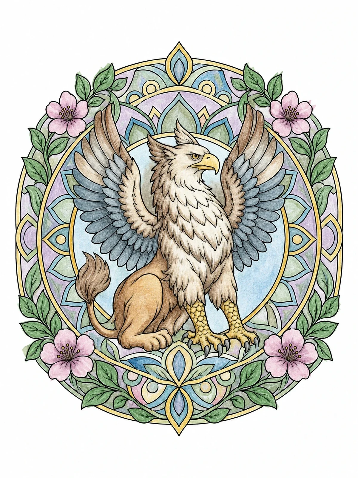Colored example of the Majestic Griffin In Floral Mandala Frame coloring page