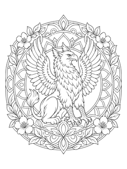 Noble griffin coloring page surrounded by a circular mandala frame with flowers.