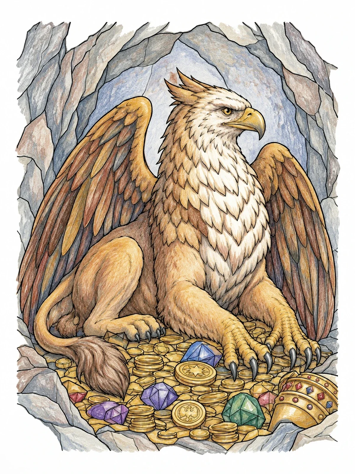 Colored example of the Majestic Griffin Guarding Cave Treasure coloring page