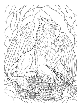 A majestic griffin coloring page resting on a glittering hoard of coins and gems in a rocky cave.