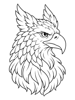 Regal griffin coloring page featuring detailed eagle feathers, sharp beak, and feathered crest.