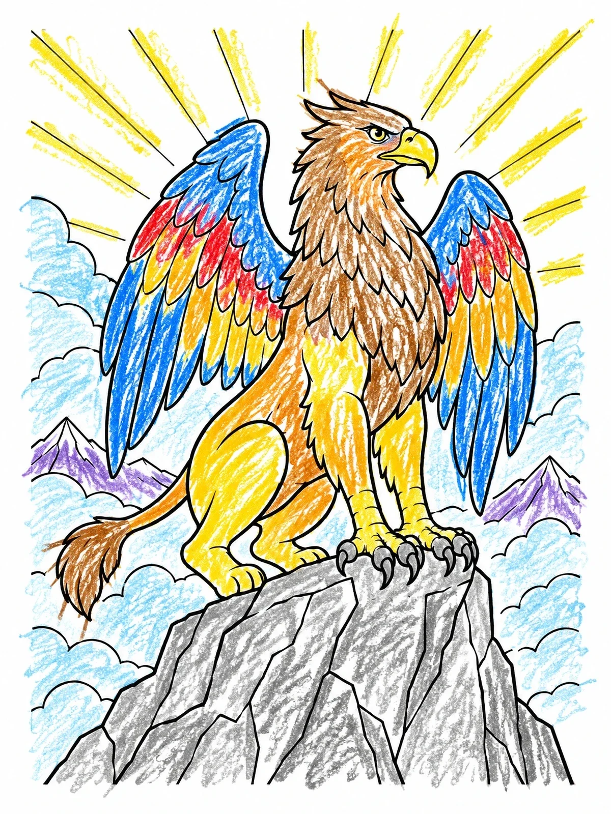 Colored example of the Majestic Griffin On Mountain Peak coloring page