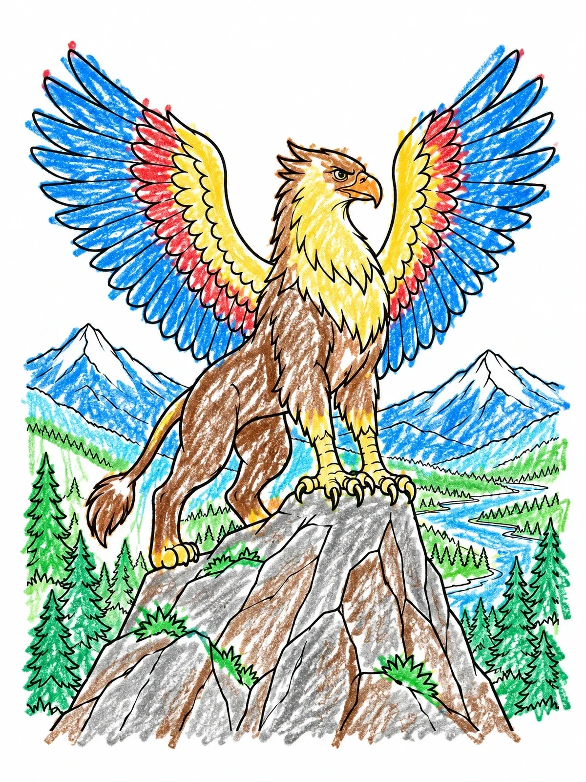 Colored example of the Majestic Griffin On Mountain Peak coloring page